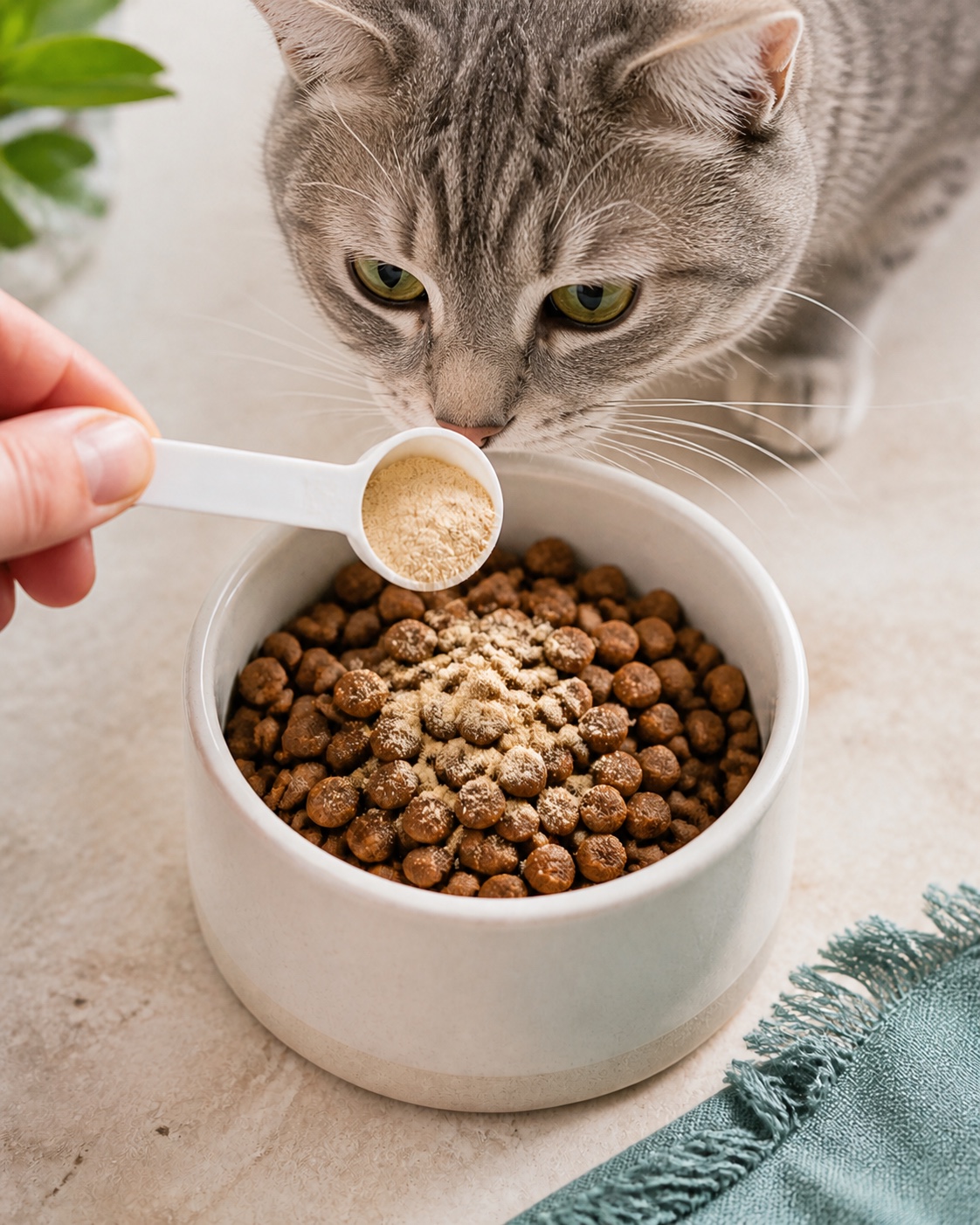 Gato curioso junto a una cuchara medidora con topping sobre su alimento