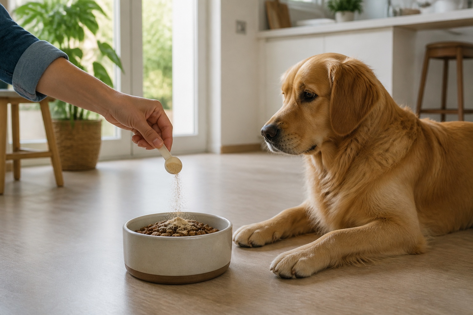 Golden retriever esperando junto a su plato mientras se añade el topping